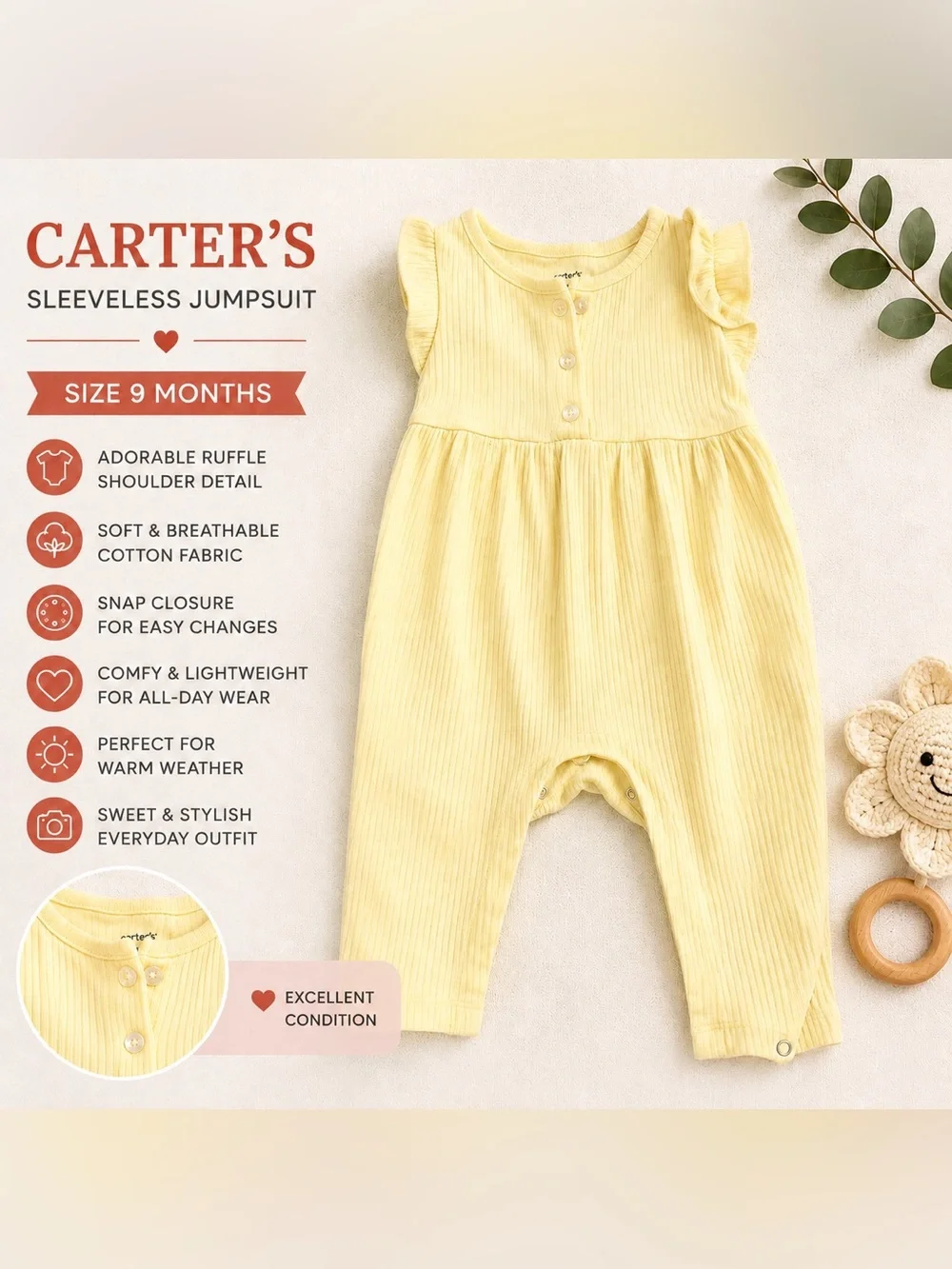 Carter’s Yellow Ribbed Ruffle Romper | Size 9 Months